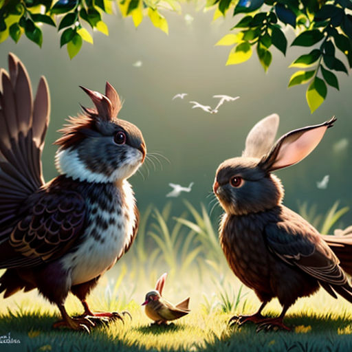 two rabbits and a bird in a field of grass with trees in the background and birds flying around them