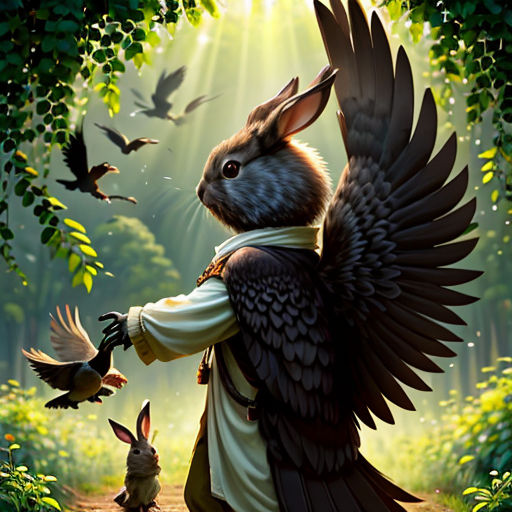 a painting of a rabbit with a bird in its hand and a rabbit in the background with a bird in its hand