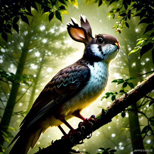a bird sitting on a branch in a forest with a light shining through the trees behind it and a bird with a long beak