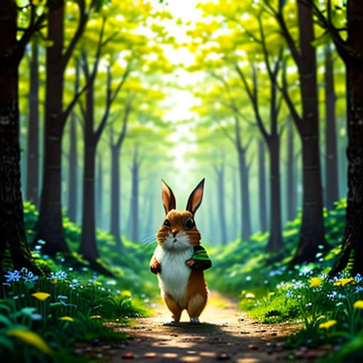 a rabbit is walking down a path in the woods with a green forest background and a bright light coming from behind it