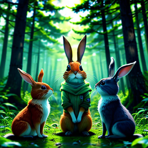 three rabbits sitting in the woods with trees in the background and a light shining on them, with a forest scene in the background