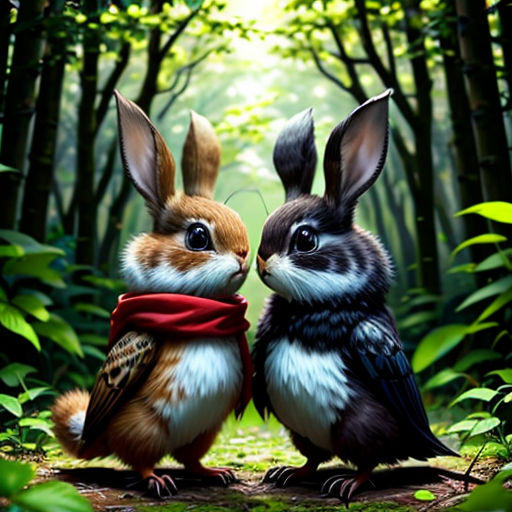 two rabbits are sitting in the woods together, one is wearing a scarf and the other is wearing a scarf