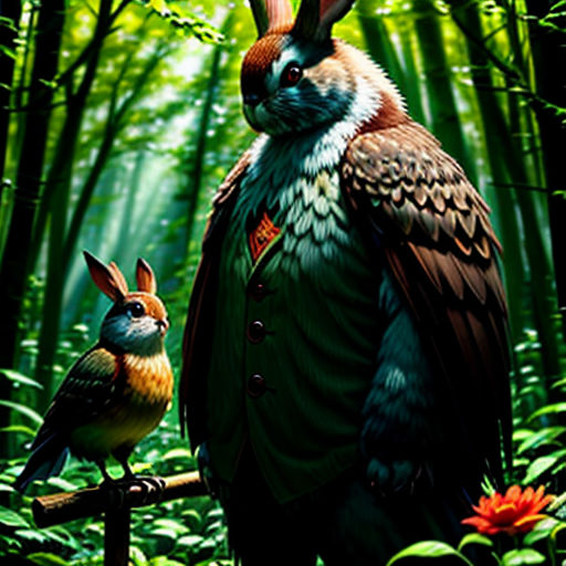 a painting of a rabbit and a bird in a forest with bamboo trees and flowers on the ground, with a man in a suit and woman in the background