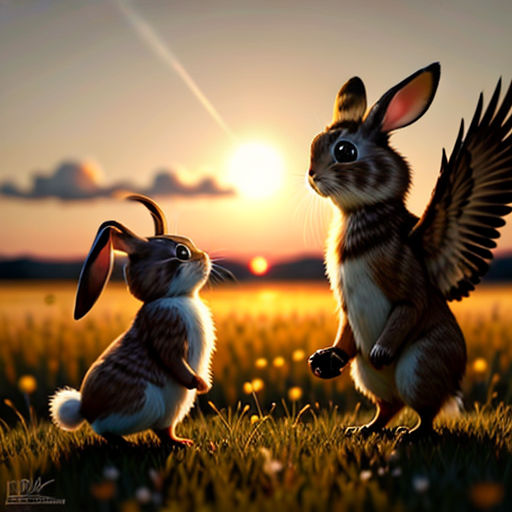 two rabbits in a field with the sun in the background and a sky background with clouds and sun rays