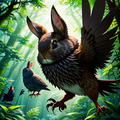 a rabbit and a bird in a forest with trees and plants in the background, with sunlight streaming through the leaves