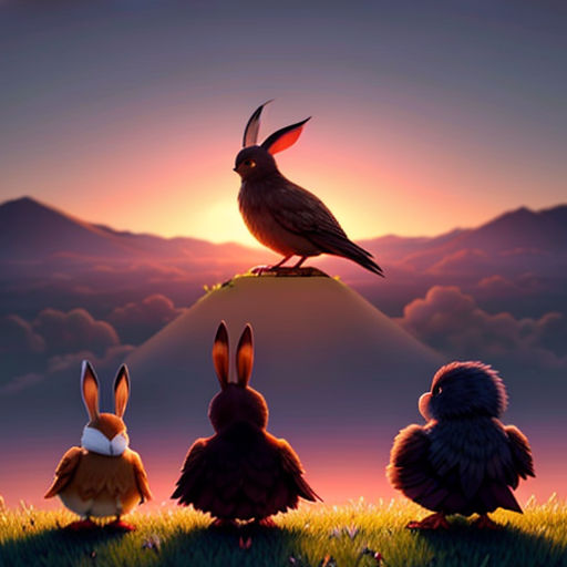 a group of rabbits standing on top of a hill next to a bird and a bird on top of a hill