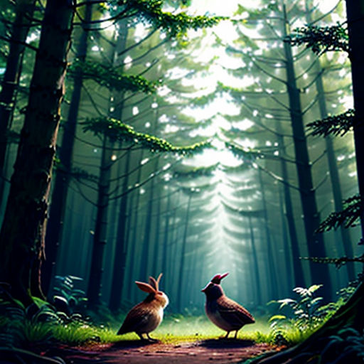 two birds standing in the middle of a forest with trees and grass on the ground, with the light shining through the trees