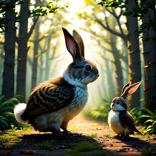 a rabbit and a bird are sitting in the woods together, facing each other, with the sun shining through the trees
