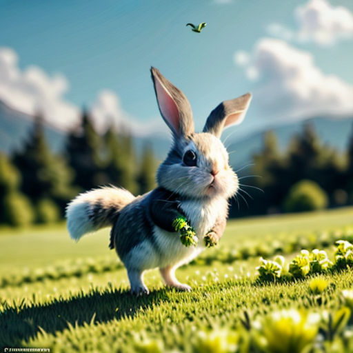 a rabbit is running through a field of grass with a butterfly flying overhead in the sky above it,