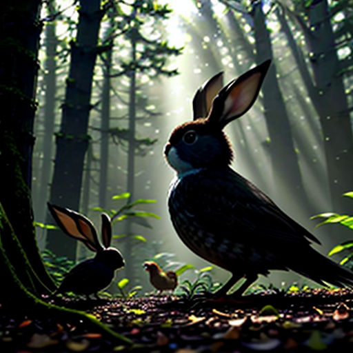 a rabbit and a bird in the woods with sunbeams behind them and a bird in the foreground