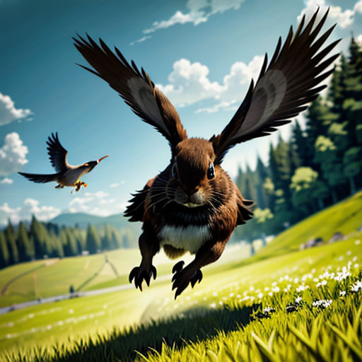 a bird flying over a lush green field next to a forest filled with trees and flowers on a sunny day