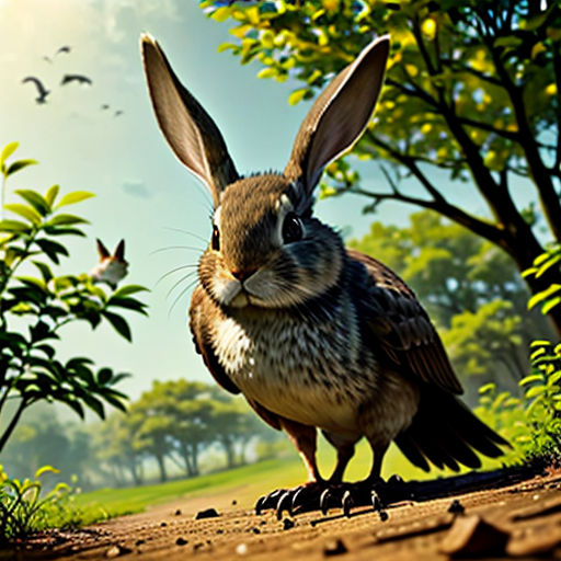 a rabbit is standing on a dirt road near a tree and birds flying overhead in the sky above it