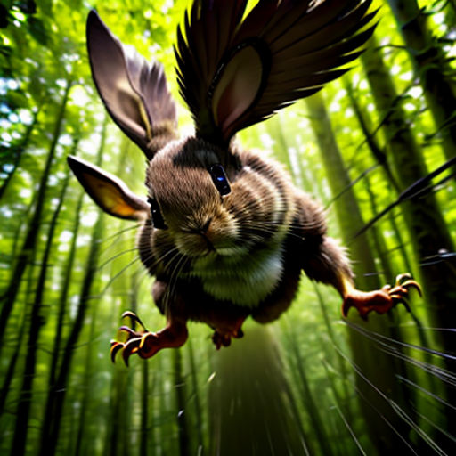 a rabbit flying through the air in a forest of bamboo trees with its wings spread out and eyes open