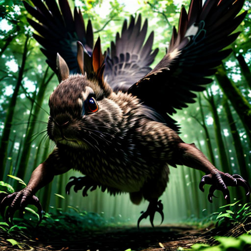 a bird flying through a forest filled with green leaves and trees with its wings spread out and it's eyes open