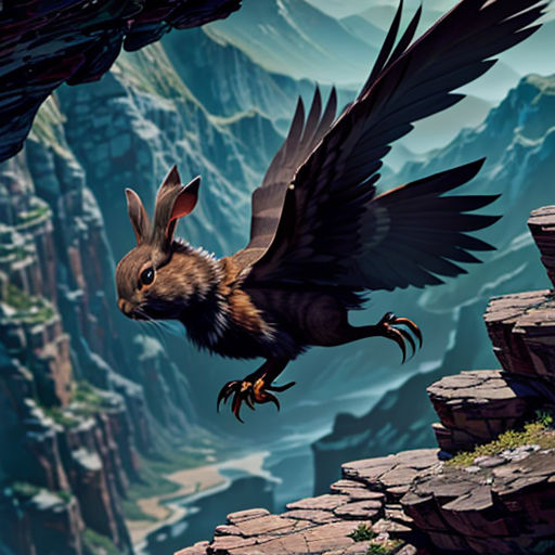 a bird flying over a rocky cliff next to a mountain range with a bird on it's back