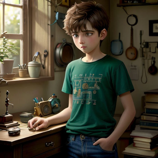a boy standing in a kitchen next to a window with a clock on it's side and a clock on the wall