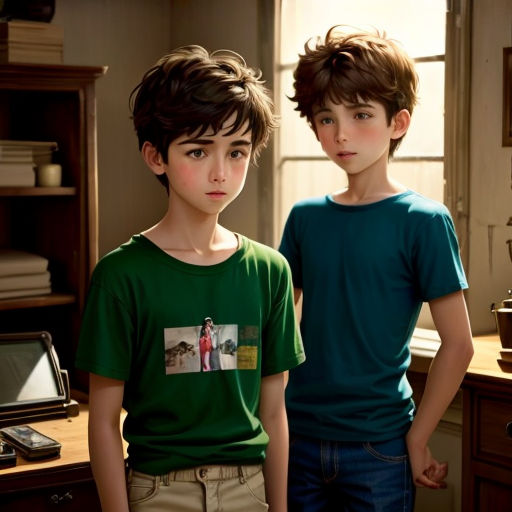 two young boys standing next to each other in a room with a desk and a window in the background