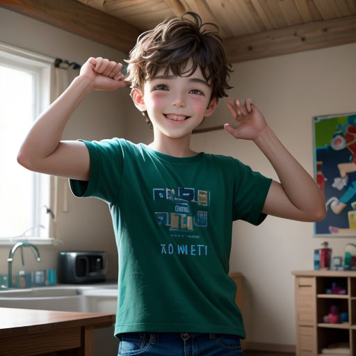 a young boy is posing for a picture in a kitchen with his hands on his head and his hands behind his head