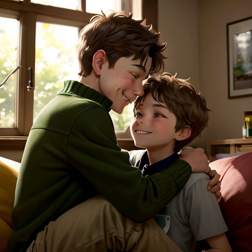 a boy and a boy hugging each other on a couch in a living room with a window behind them