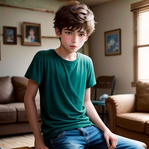 a young boy sitting on a coffee table in a living room with a couch and a chair in the background