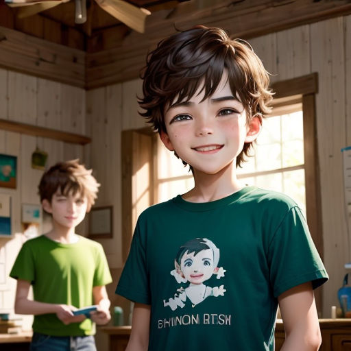 a boy in a green shirt standing next to another boy in a green shirt in a room with wood paneling