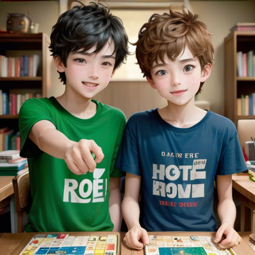 two children are standing in front of a bookcase and a table with a book on it and a book on the table