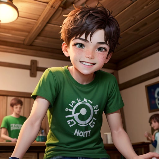 a boy in a green shirt is smiling at the camera while another boy in a green shirt is standing behind him