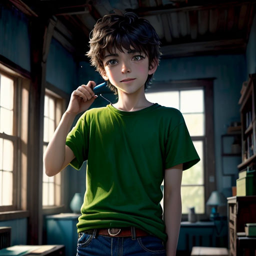 a boy in a green shirt is holding a toothbrush in his hand and looking at the camera with a serious look on his face