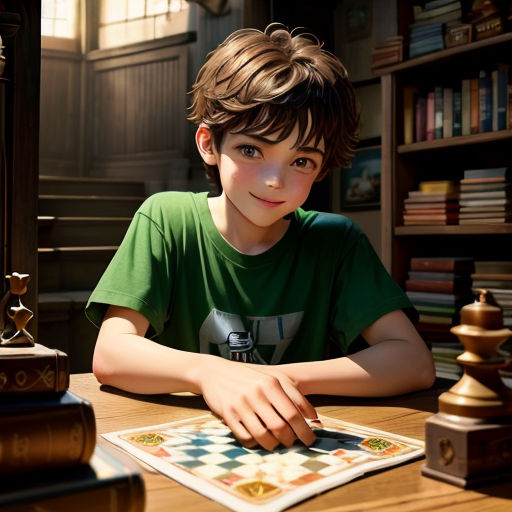 a boy sitting at a table with a board game in front of him and a bookcase in the background