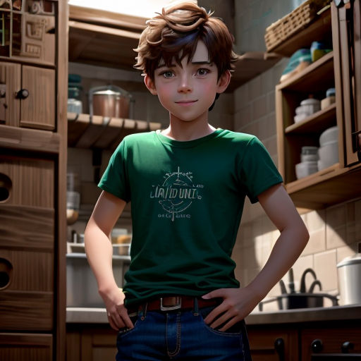 a boy in a green shirt standing in a kitchen with his hands on his hips and his hands on his hips