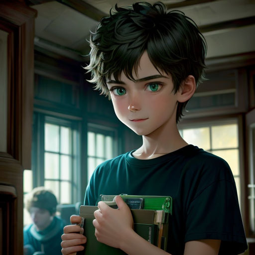 a boy holding a folder in his hands and looking at the camera with a serious look on his face