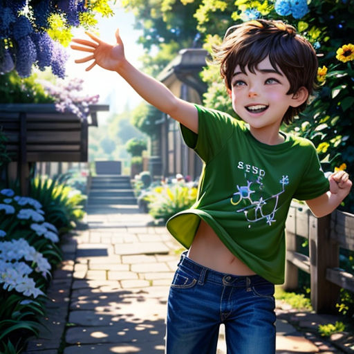 a young boy is standing in a garden with flowers and a gate in the background and a hand reaching up to the sky