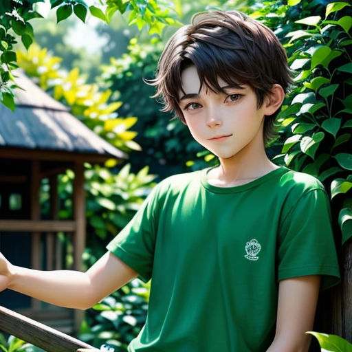 a boy in a green shirt leaning on a fence in a garden with a bird perched on the fence