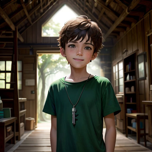 a boy in a green shirt standing in a room with a wooden ceiling and a wooden floor and a wooden ceiling