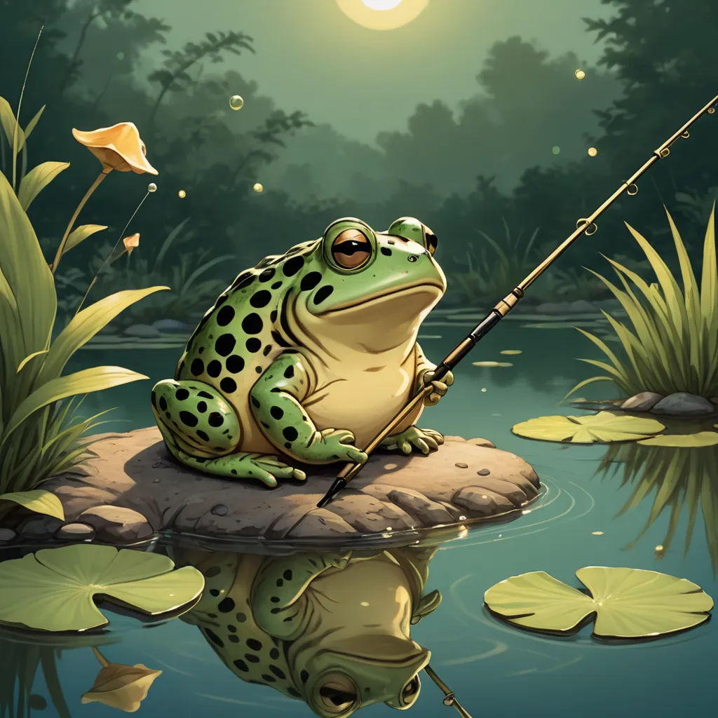 a frog sitting on a rock with a fishing rod in its mouth and a fish in its mouth, in front of a pond with lily pads and leaves, fantasy art, a storybook illustration, Andries Stock, magic the gathering artwork