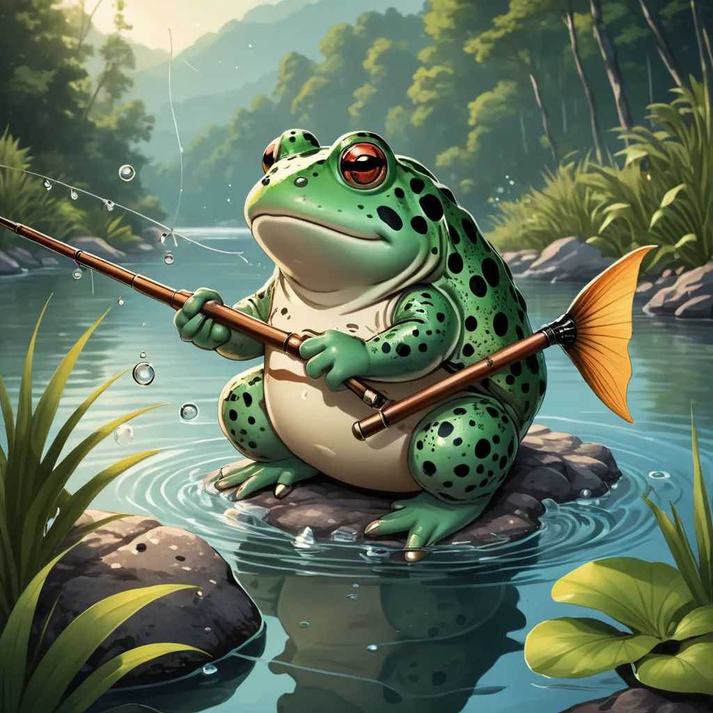 a frog is sitting on a rock in the water with a fishing pole in his hand and a fish in his mouth, fantasy art, a storybook illustration, Andries Stock, magic the gathering artwork