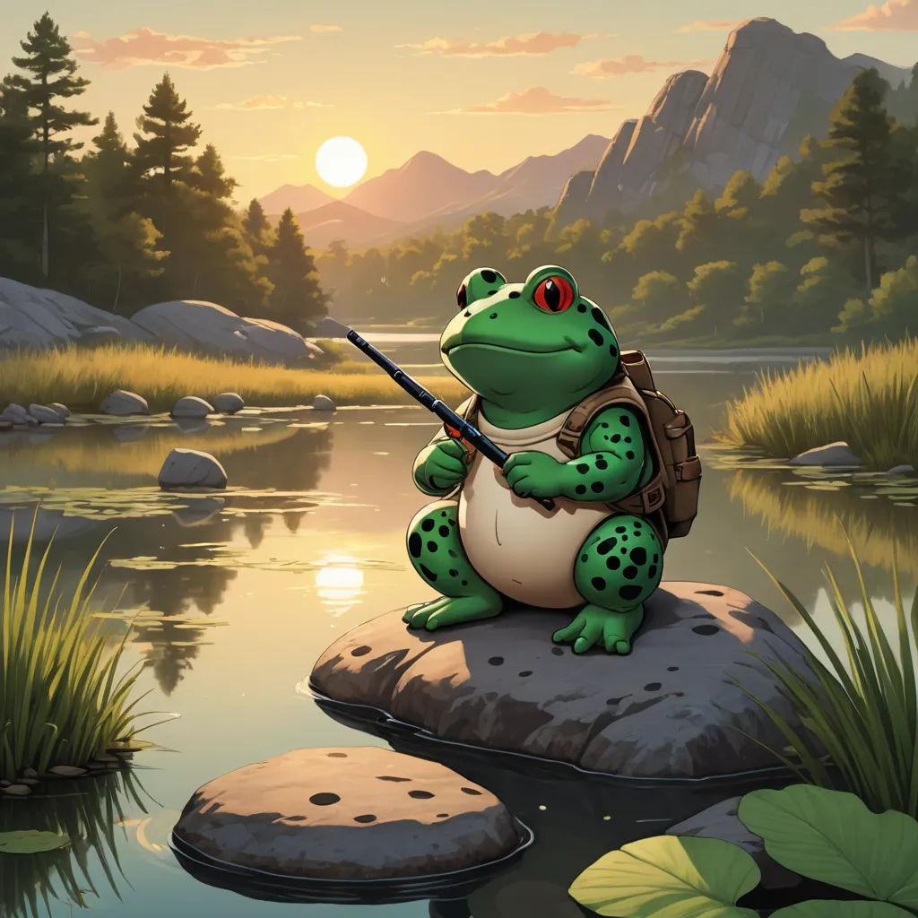 a frog with a fishing rod sitting on a rock in a river with lily pads and a mountain range in the background, fantasy art, a storybook illustration, Andries Stock, professional digital painting
