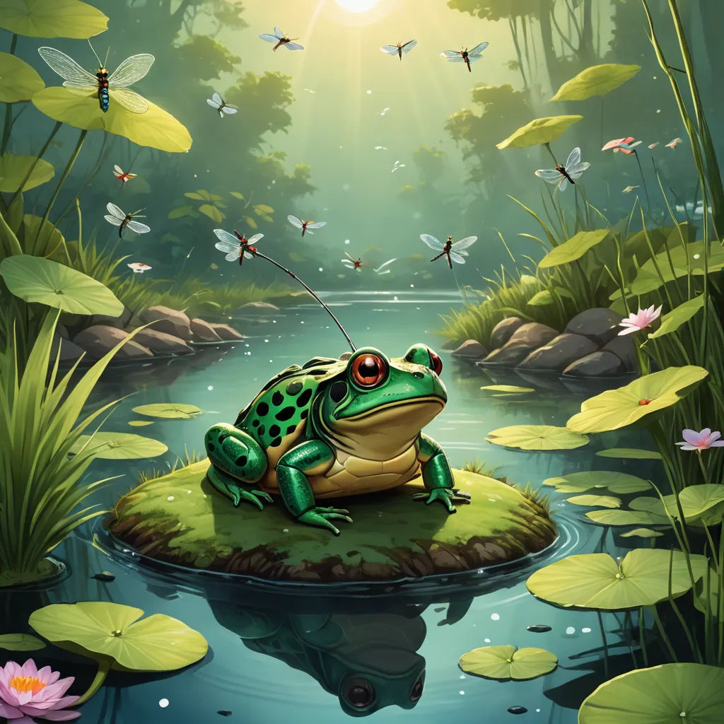 a frog sitting on a lily pad in a pond with butterflies flying around it and a pond of water, fantasy art, a storybook illustration, Andries Stock, magic the gathering artwork