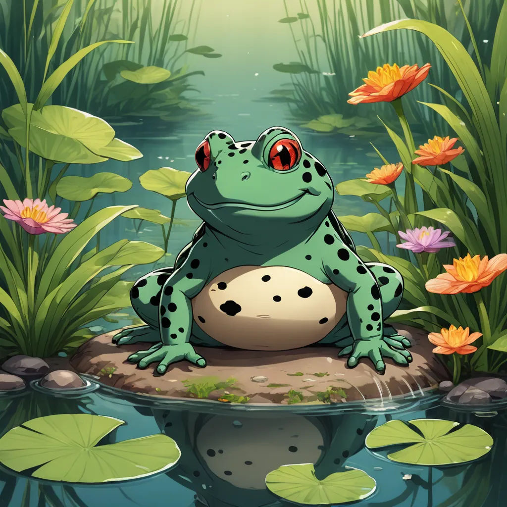 a frog sitting on a rock in a pond of water with lily pads and flowers around it, with a bright sun shining through the background, fantasy art, a storybook illustration, Andries Stock, official art