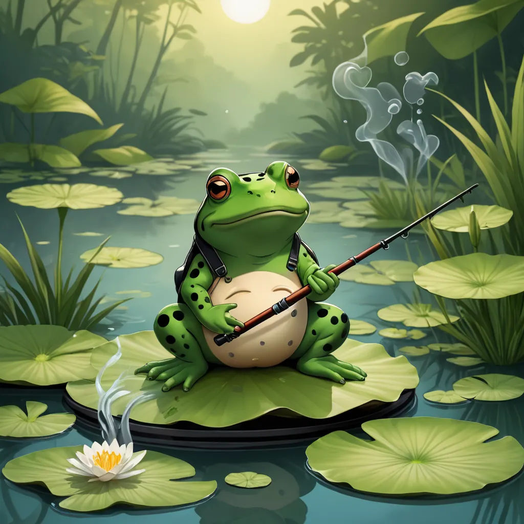 a frog sitting on a lily pad with a fishing rod in its mouth and a smoke stack in the air, fantasy art, a storybook illustration, Andries Stock, highly detailed digital painting