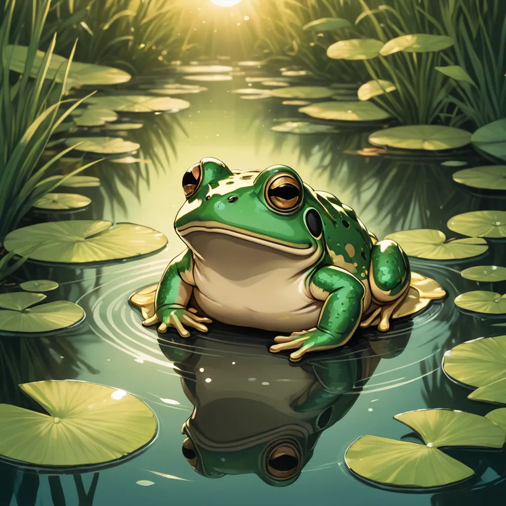 a frog sitting on a lily pad in a pond with lily pads around it and a bright sun shining in the background, fantasy art, a storybook illustration, Andries Stock, magic the gathering artwork