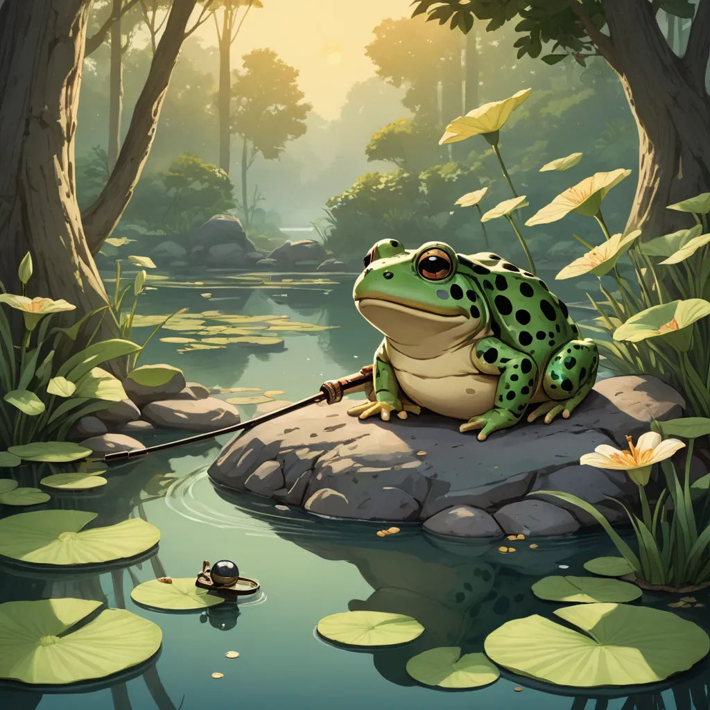 a frog sitting on a rock in a pond with lily pads and a frog in the background with a pond with lily pads and a frog in the foreground, fantasy art, a storybook illustration, Chris LaBrooy, storybook illustration