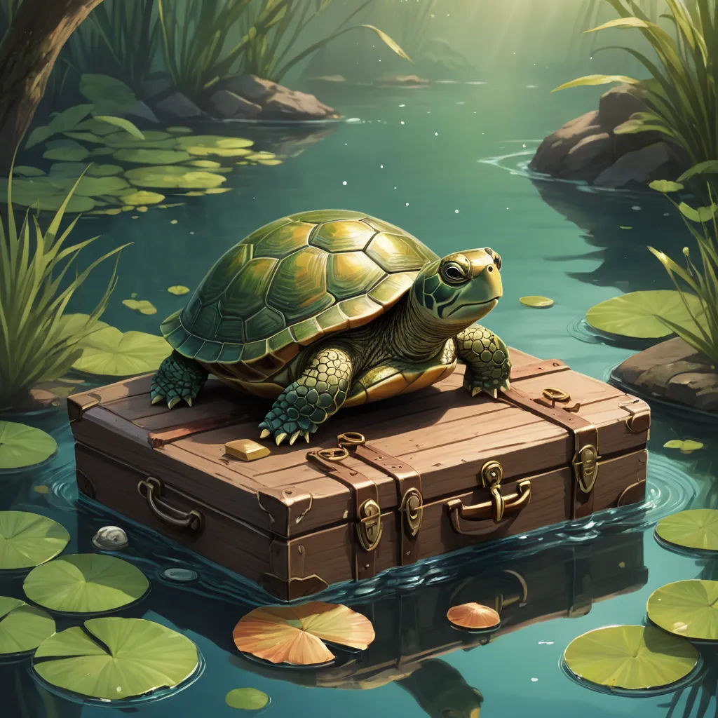 a turtle sitting on a suitcase in a pond of water with lily pads on the ground and a lily pad on the ground, fantasy art, a storybook illustration, Chris LaBrooy, fantasy artwork