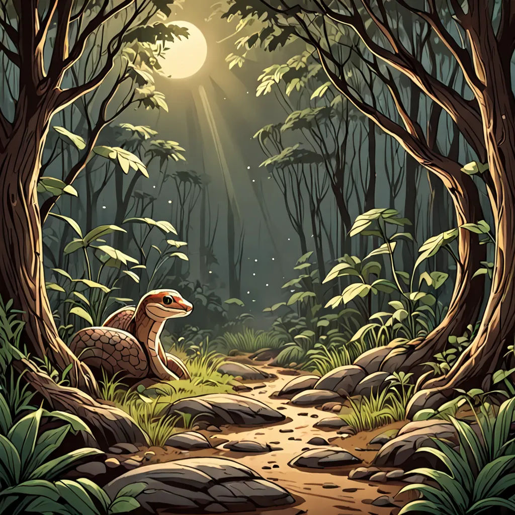a cartoon of a turtle in a forest with a sunbeam in the background and rocks and grass on the ground, fantasy art, a storybook illustration, Chris LaBrooy, storybook illustration