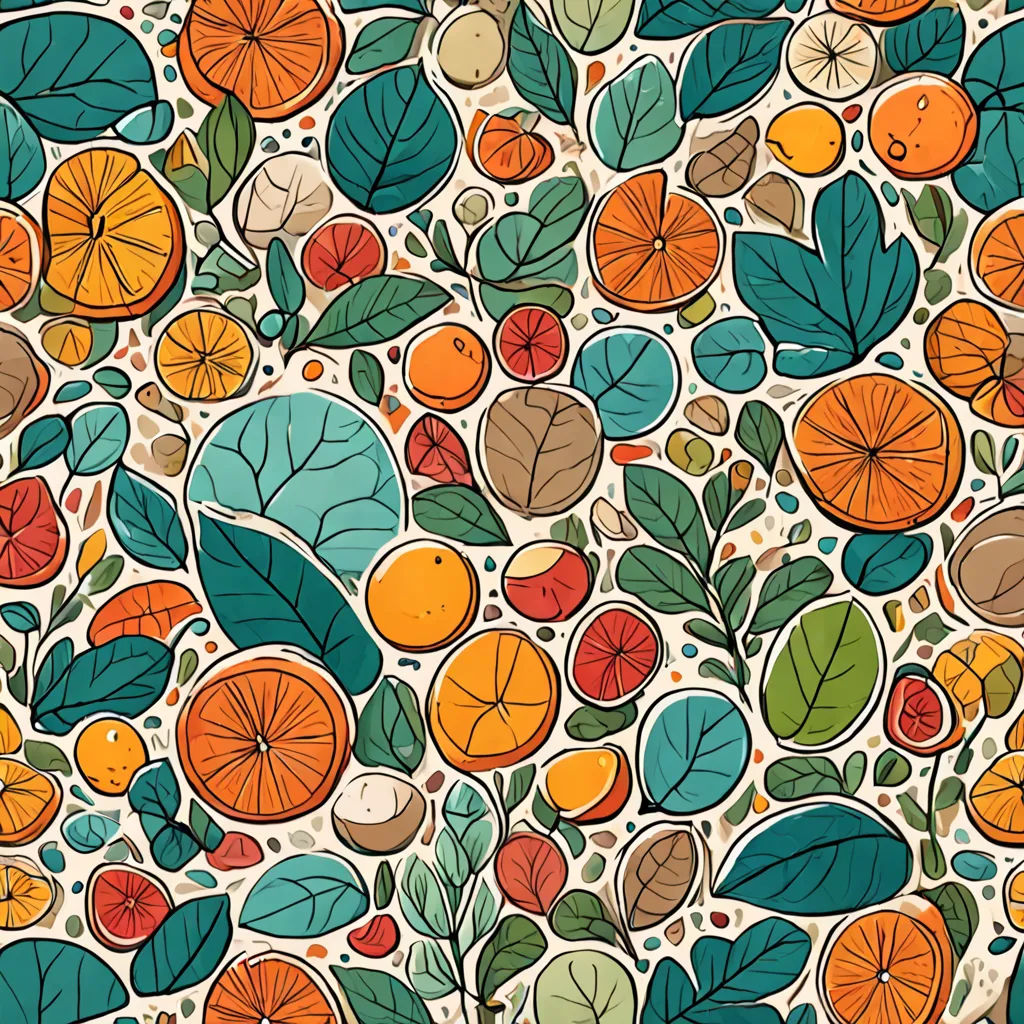 a colorful pattern of leaves and fruits on a white background with a brown border and a blue border with a red border, folk art, a storybook illustration, Annabel Kidston, highly detailed digital art