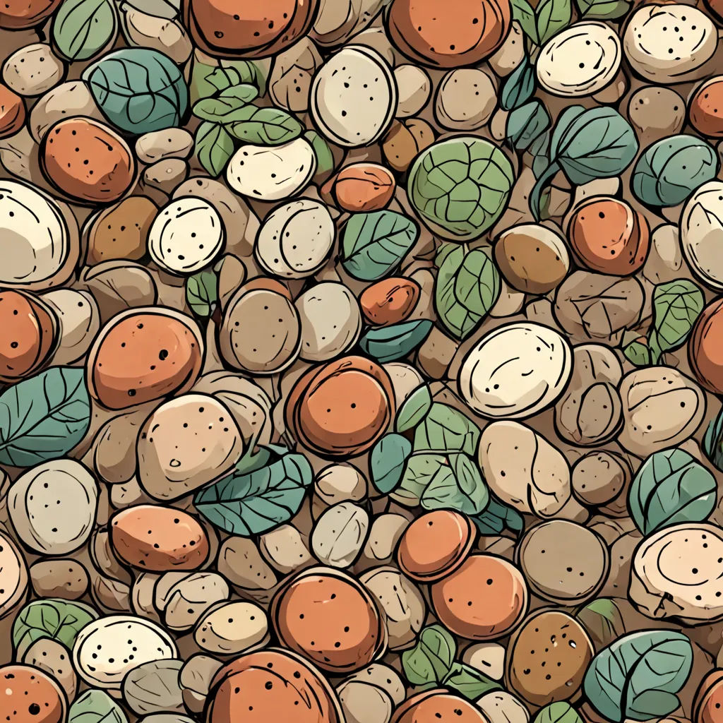 a bunch of different types of nuts and leaves on a ground with a brown background and a green leaf, generative art, a mosaic, Chris LaBrooy, high detail illustration