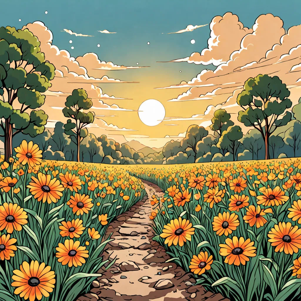 a painting of a sunflower field with a path leading to the sun in the distance and clouds in the sky, psychedelic art, a comic book panel, Dan Mumford, comic cover art