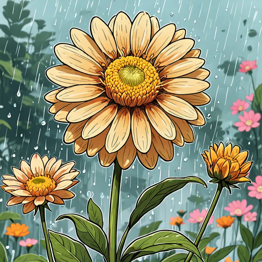 a painting of a yellow flower in a garden with rain falling down on it and a green background with pink and yellow flowers, photorealism, a storybook illustration, Cindy Wright, highly detailed digital art