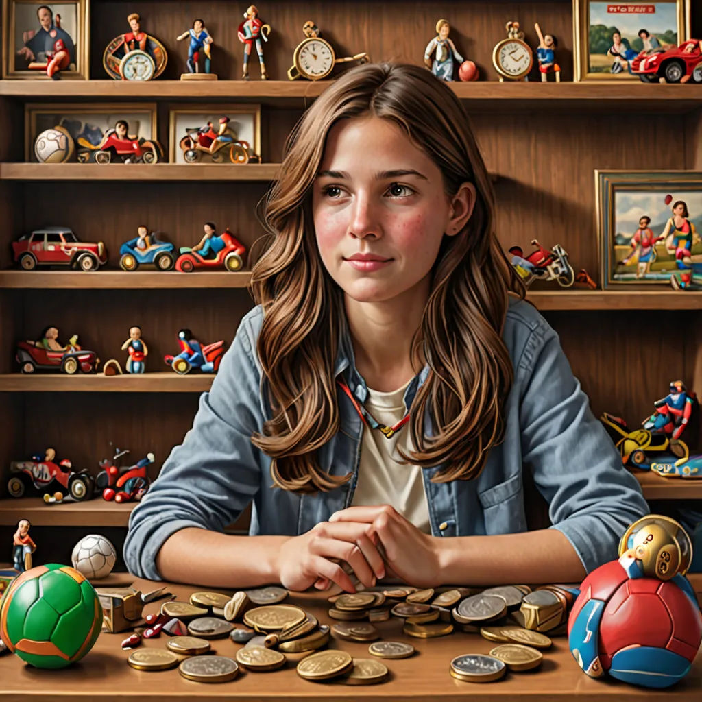 a painting of a girl sitting at a table with a lot of coins and toys on the shelves behind her, F Scott Hess, hyperrealism, a hyperrealistic painting, highly detailed digital painting