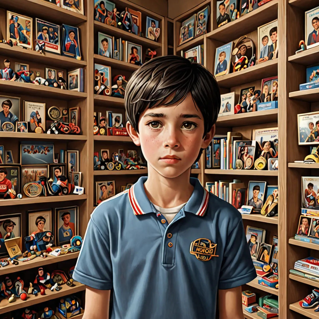 a boy in a room full of shelves of toys and books with a picture of himself on the wall, F Scott Hess, hyperrealism, an ultrafine detailed painting, highly detailed digital painting
